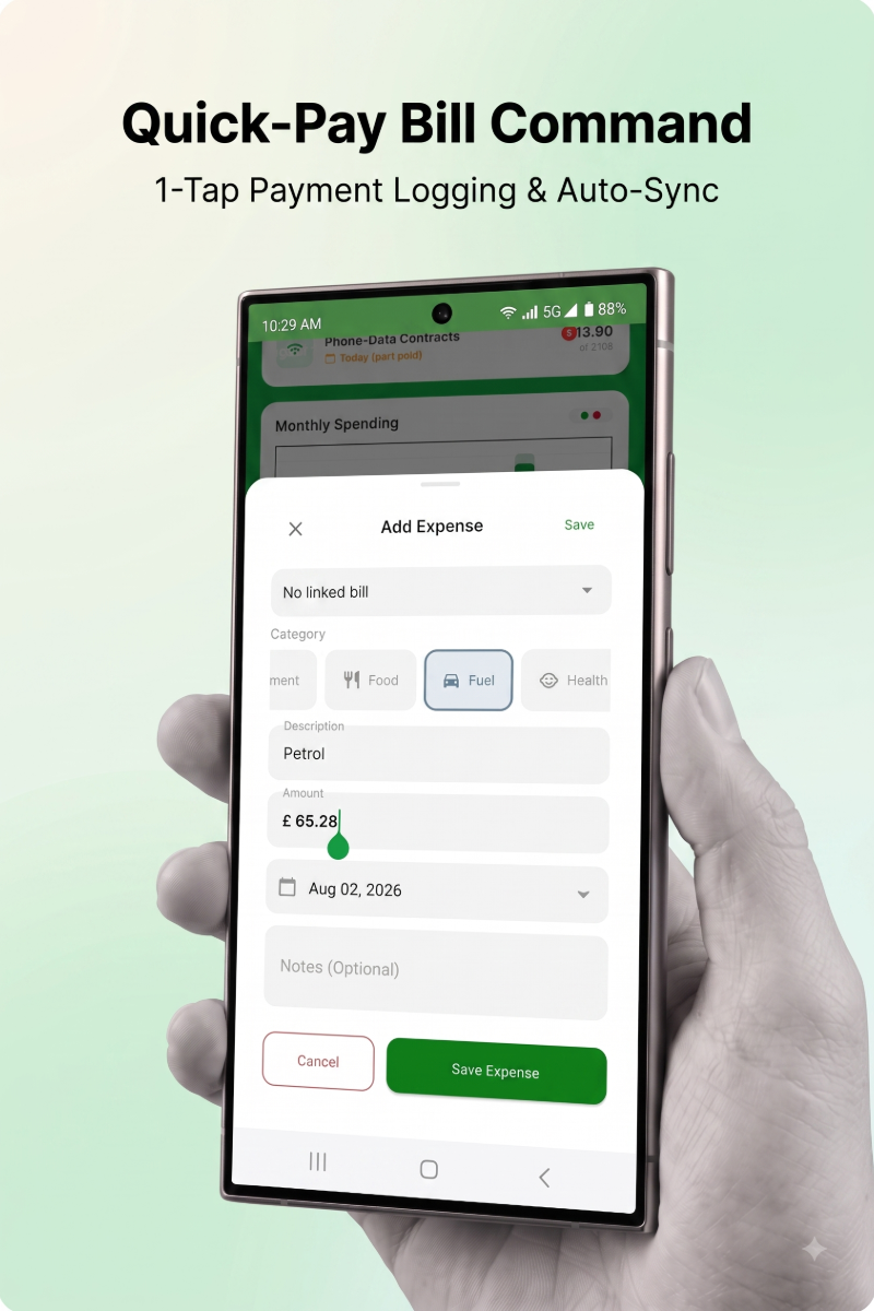 Actionable Bill Tracking Quick-Pay UI Visual